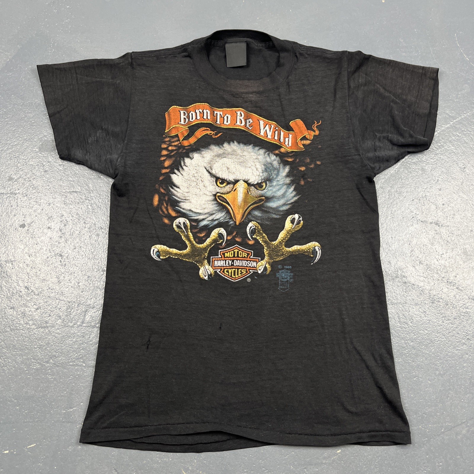 1985 Harley Davidson Born To Be Wild Eagle 3D Emblem Shirt M USA Paper Thin Worn