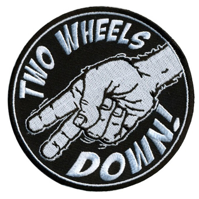 TWO WHEELS DOWN EMBROIDERED 4 INCH mc BIKER PATCH 