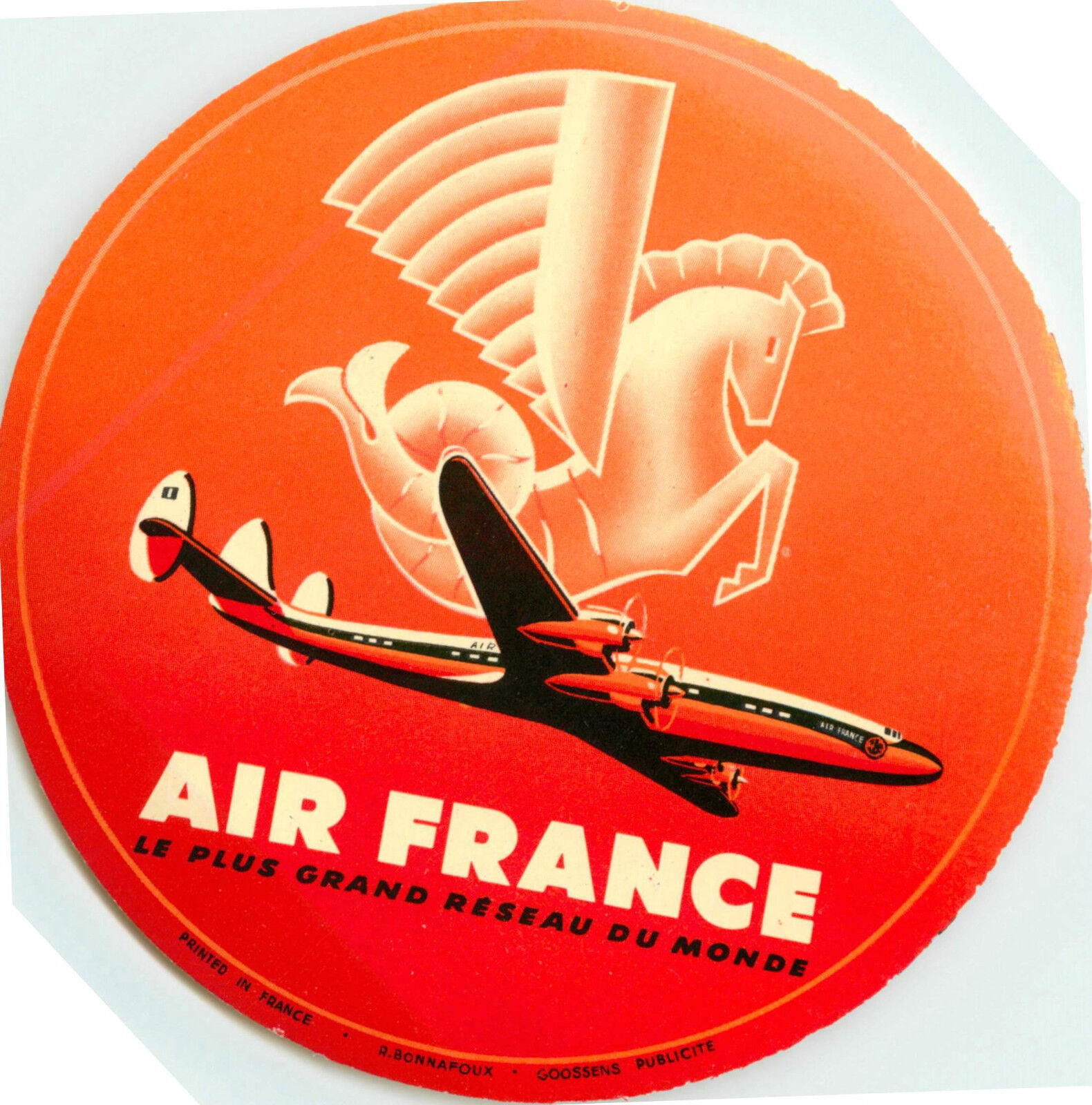 AIR FRANCE - Vibrant Old Airline Luggage Label, c. 1955      (Orange Version)