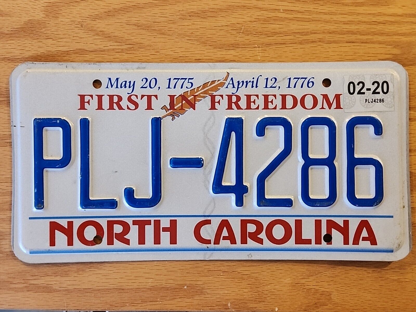 North Carolina First in Freedom License Plate #PLJ-4286