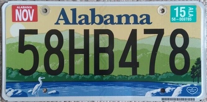 2015 Alabama License Plate 58HB478 - HEART OF DIXIE