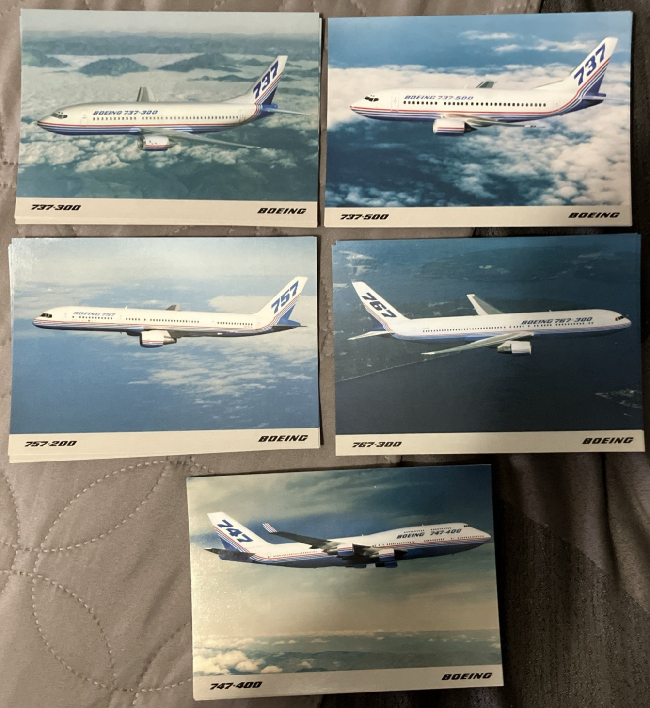 Promotional Boeing 5 Postcards of Jets 737-300/500 747-400 767-300 757-200