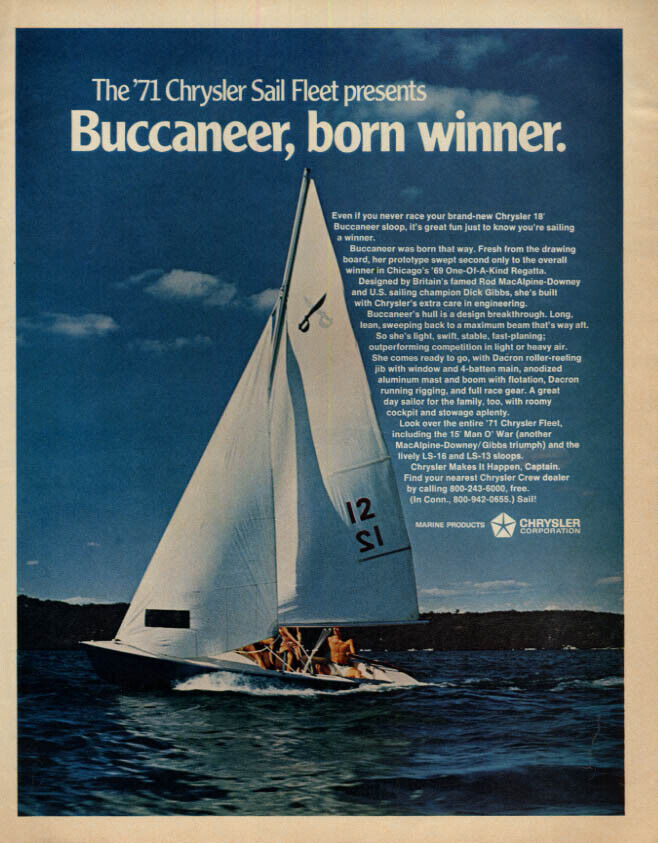 The 1971 Chrysler Sail Fleet presents  the 18' Buccaneer sailboat ad 1971 L