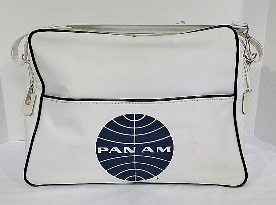 Vintage 60's Pan Am Vinyl Messenger Carry On Bag Adjustable Strap Zipper White