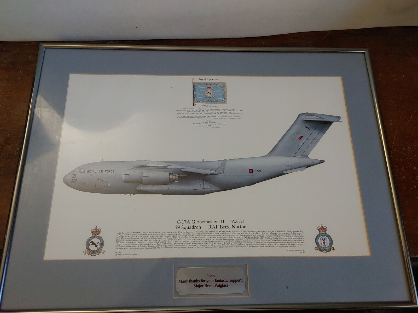Framed Dugald Cameron RAF C-17A Globemaster III 99 Squadron Plaque