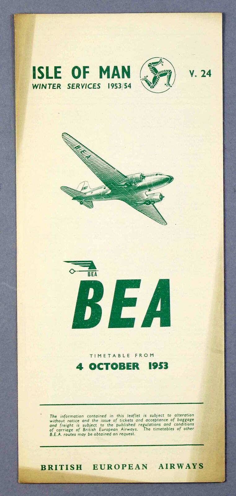 BEA BRITISH EUROPEAN AIRWAYS ISLE OF MAN AIRLINE TIMETABLE WINTER 1953/54 IOM