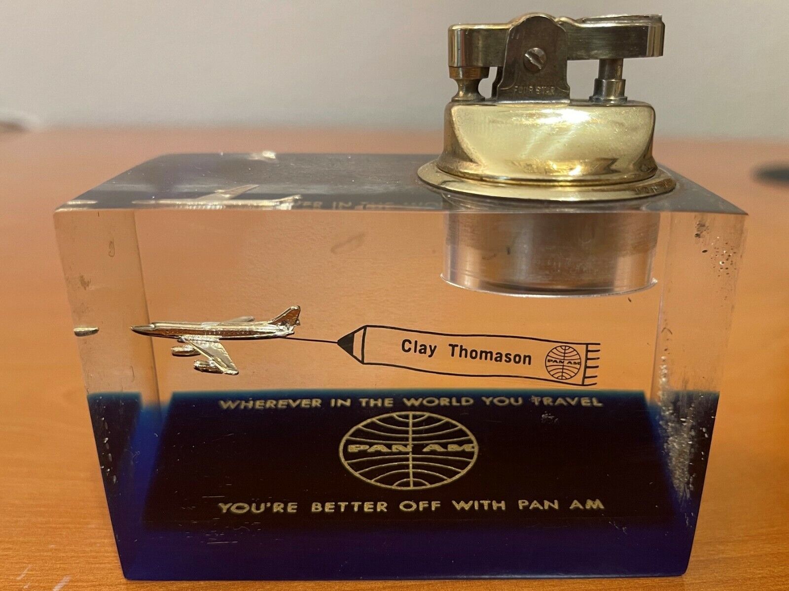 Rare 1960\'s Vintage Pan Am Airways Clear Lucite Table Lighter Memorabilia