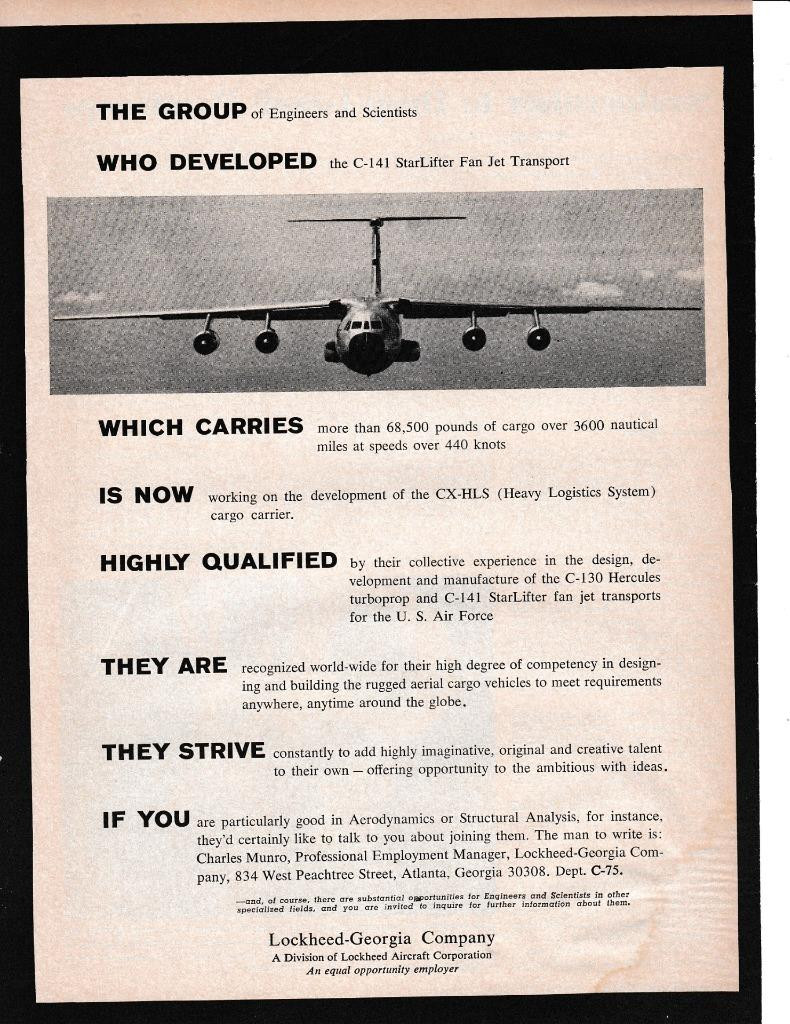 1965 Lockheed C-141 StarLifter Print-Ad/ Looking for Engineers Ad