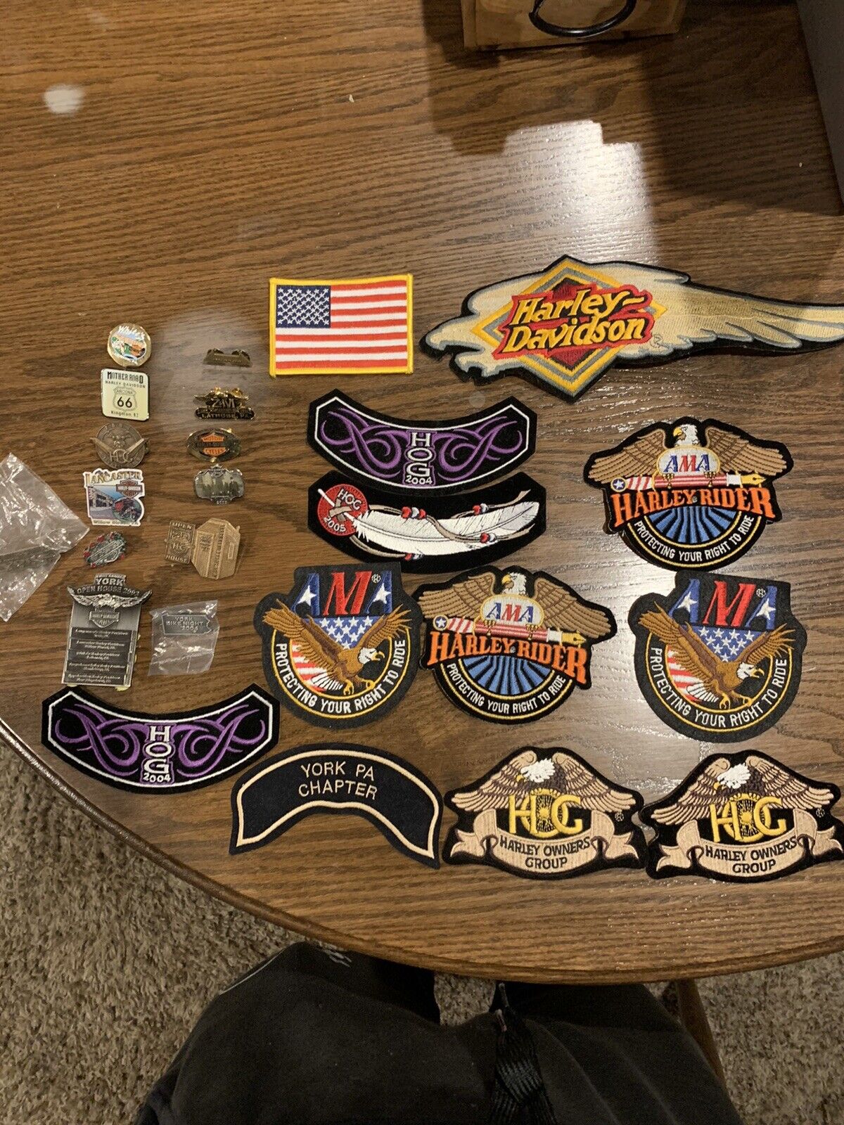 Lot Of 27 Unassorted Vintage Harley Davidson Patches And Pins HOG, AMA, Etc