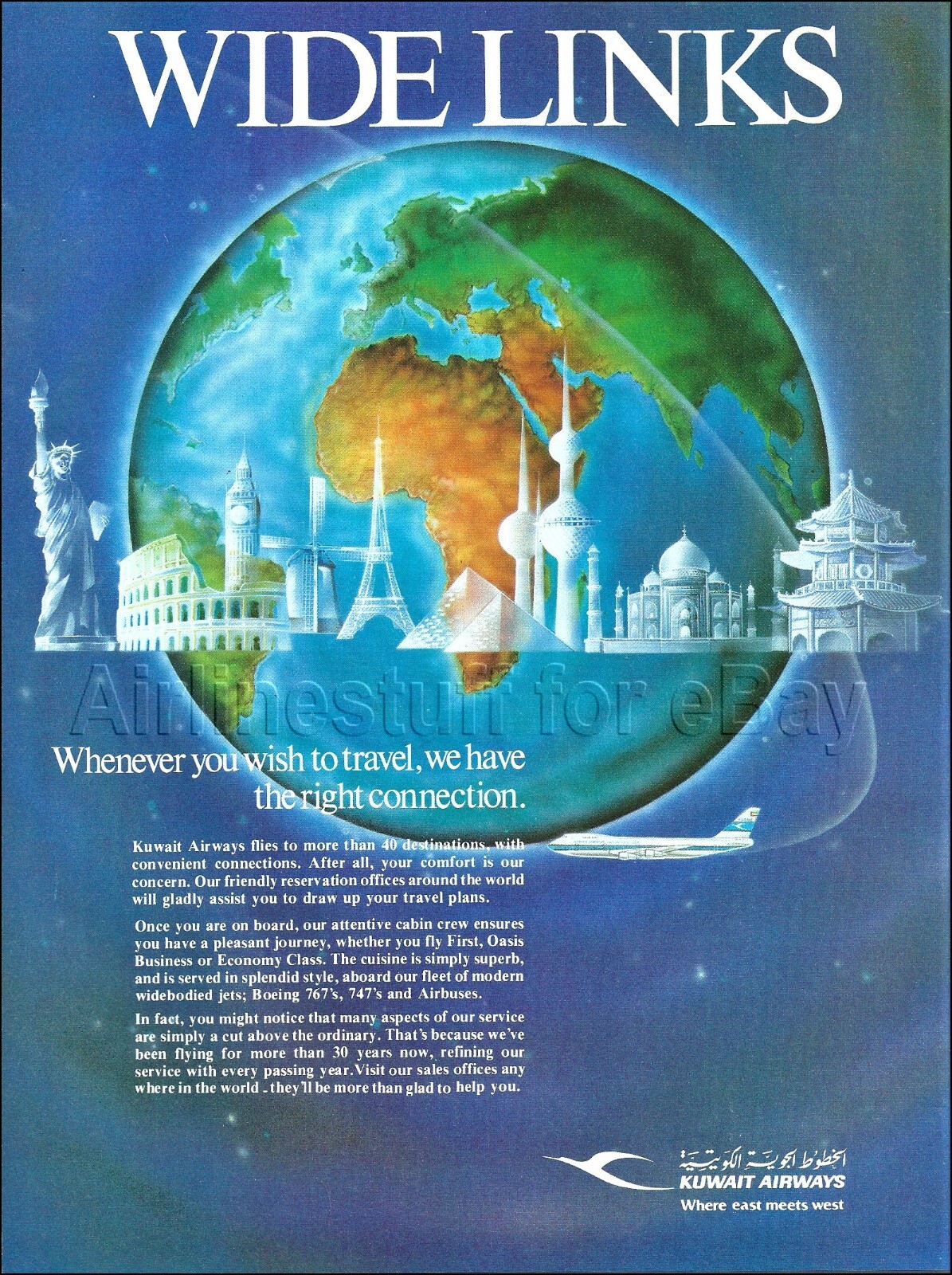 1987 KUWAIT AIRWAYS Boeing 747-200B Jetliner ad airlines advert WIDE LINKS