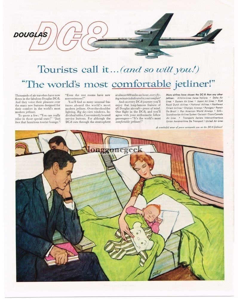 1959 DOUGLAS DC-8 Jetliner Mother Baby Sleeping art Vintage Print Ad 