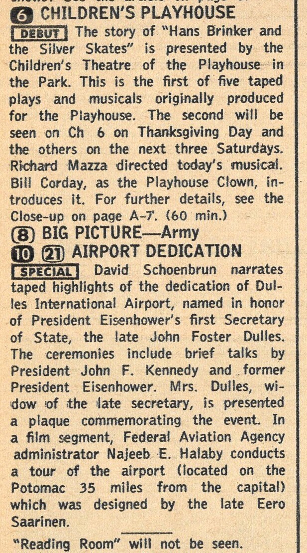 1962 TV LISTING ~ DEDICATION DULLES INTERNATIONAL AIRPORT Washington D.C. 1962 TV LISTING ~ DEDICATION DULLES INTERNATIONAL AIRPORT Washington D.C.