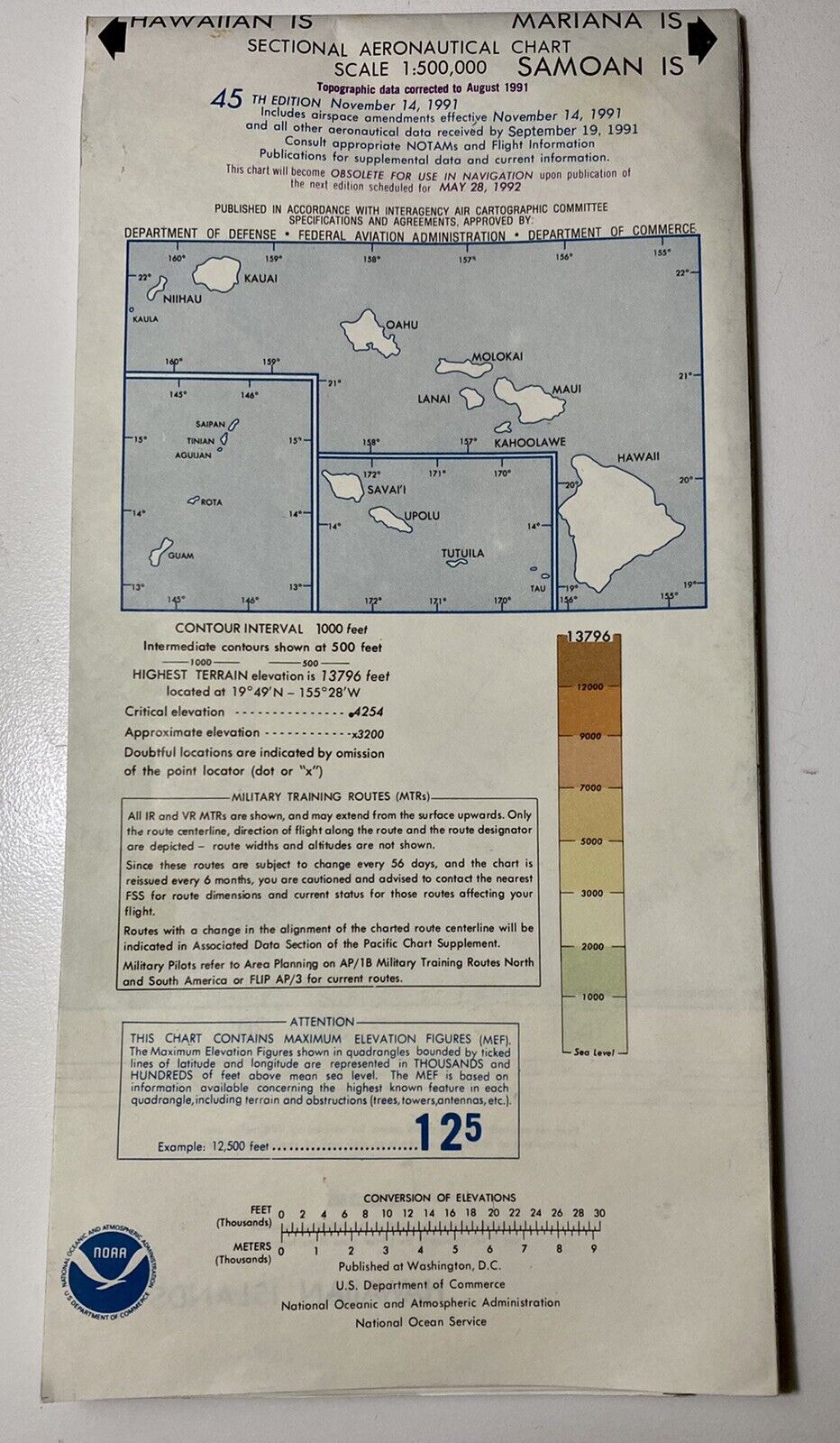 Vintage Sectional Aeronautical Chart Hawaiian Islands Flight Map Samoa 1991