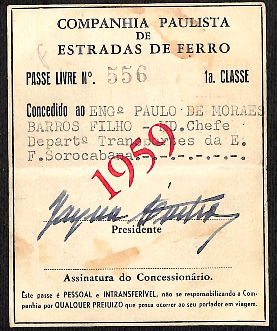 1959 São Paulo Railroad Company First Class Pass / Ticket