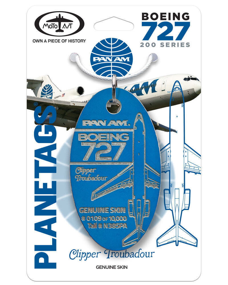 Pan Am American Boeing 727-200 Tail #N385PA Blue Aluminum Jet Plane Skin Bag Tag