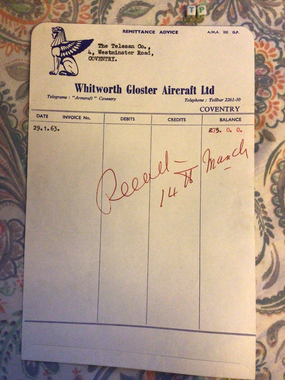 Rare  letter Bill Hawker Siddeley Whitworth Gloster Aeronautics, 1963