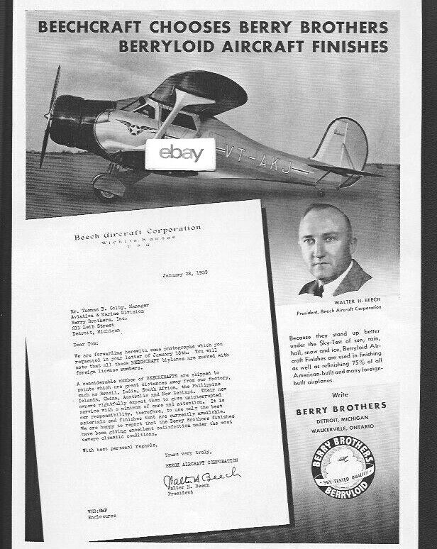 BEECHCRAFT AIRCRAFT 1939 MODEL D17S STAGGERWING BERRYLOID PAINT WALTER BEECH AD