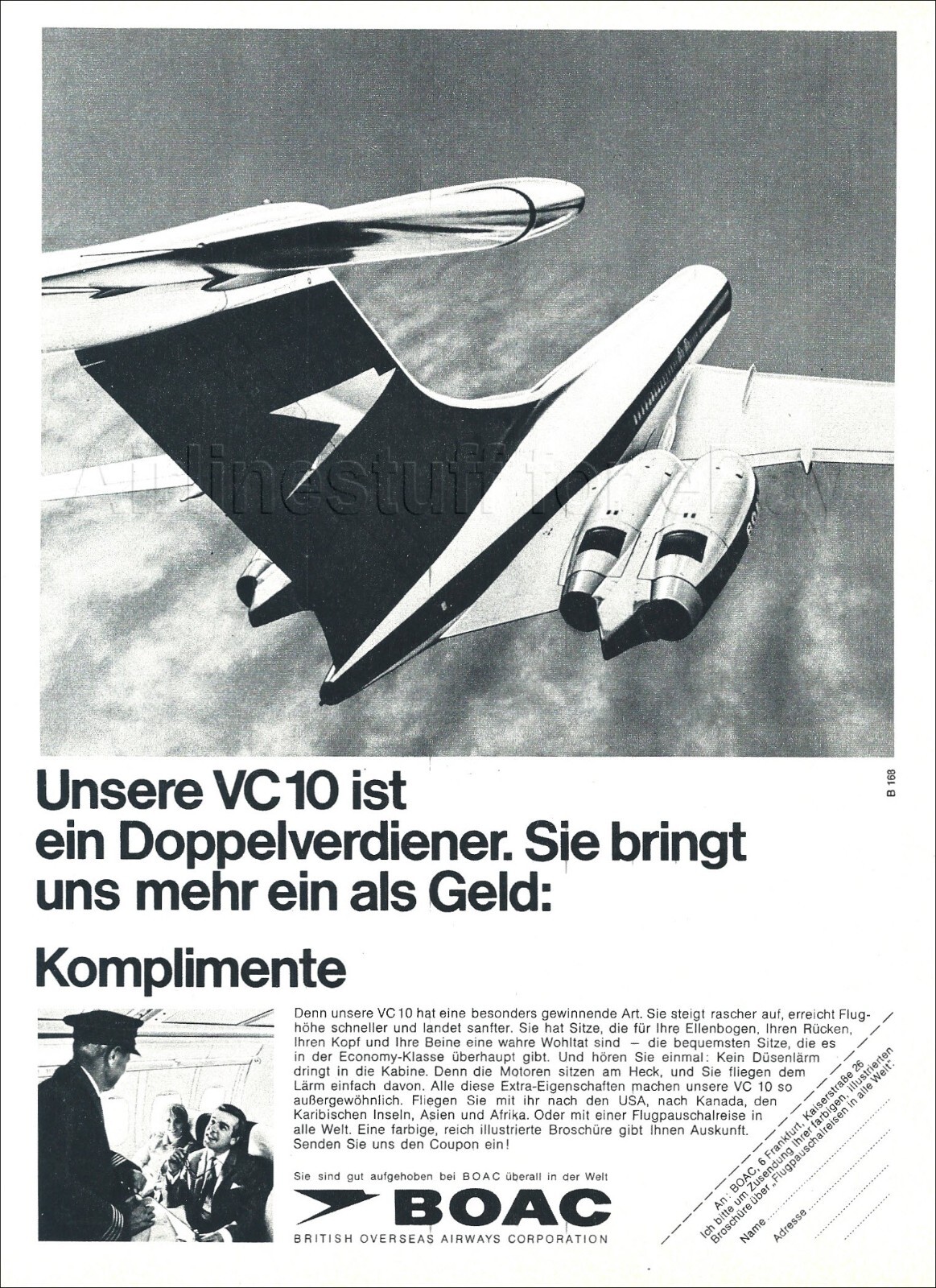 1968 BOAC British Overseas Airways Corp PRINT AD Vickers VC10 JET airline advert