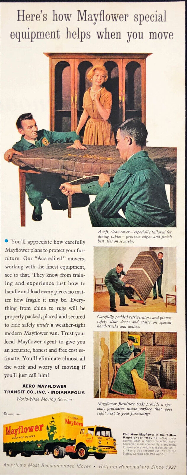 1962 Mayflower Movers Vintage Print Ad Truck Housewife Overseeing Furniture Move