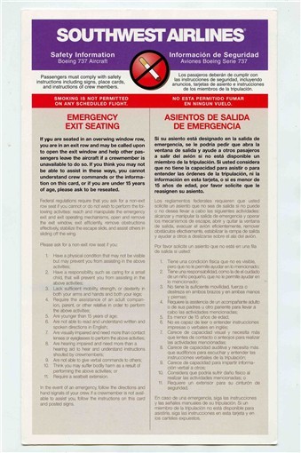 Southwest Airlines Boeing 737 Safety Instructions Card 2000