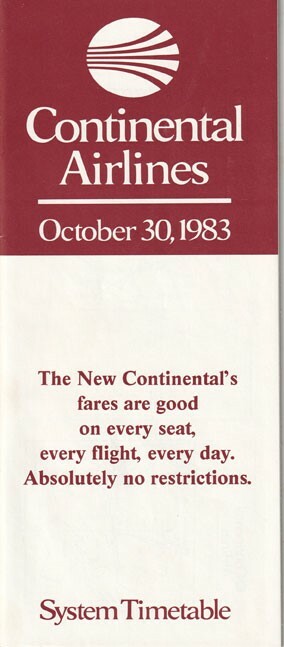 Continental Airlines timetable 1983/10/30 Continental Airlines timetable 1983/10/30