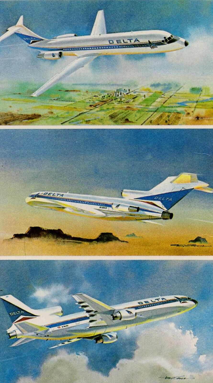 Delta Airlines Vintage Postcard Douglas DC-9-32, Boeing 727-232, Lockheed L-1011