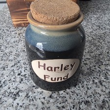 LTD Commodities Stoneware Harley Fund Money Bank Jar Cork Lid Motorcycle Biker picture
