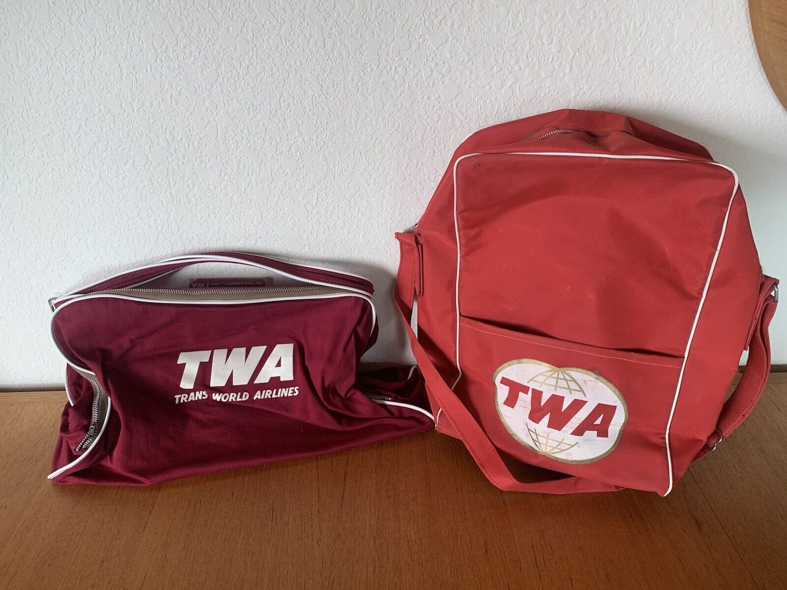 Vtg TWA Bag Lot: Bearse Travel Overnight Nylon Fabric Tote Red USA Airline