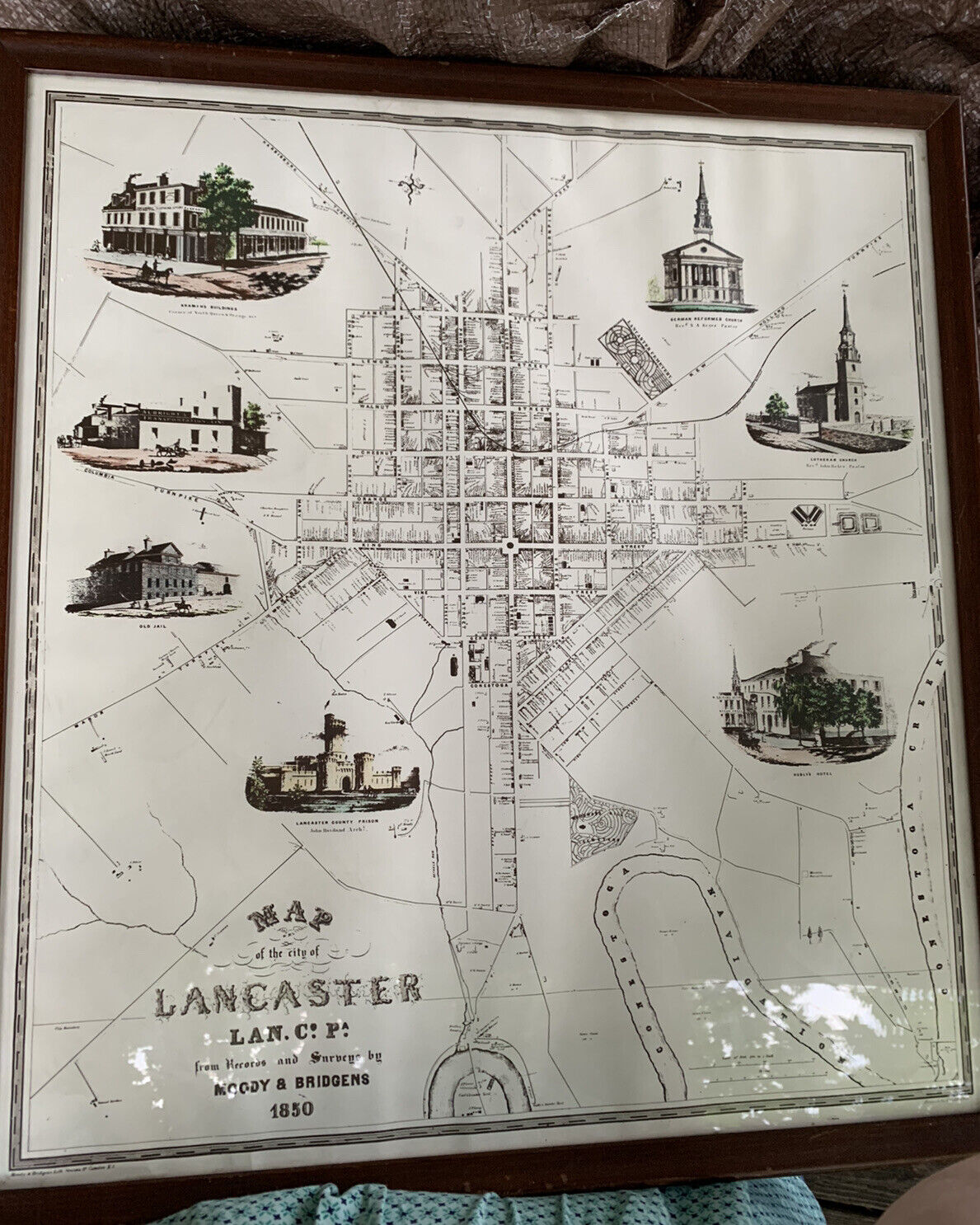 Vintage Framed 1850 Map of the City of Lancaster PA Moody & Bridgens repro 