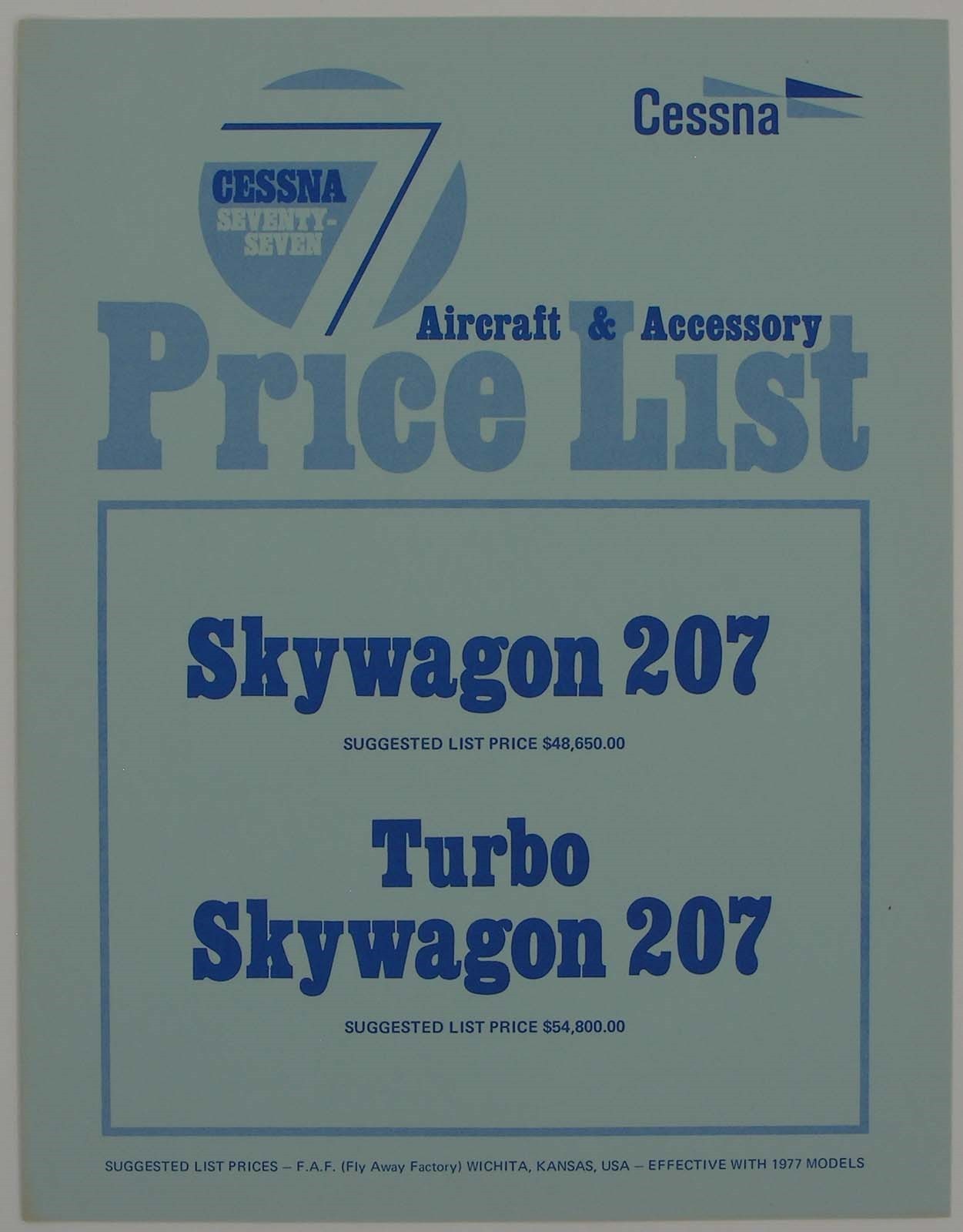 Cessna Aircraft Skywagon 207 1977 Aircraft & Accessory Price List Brochure