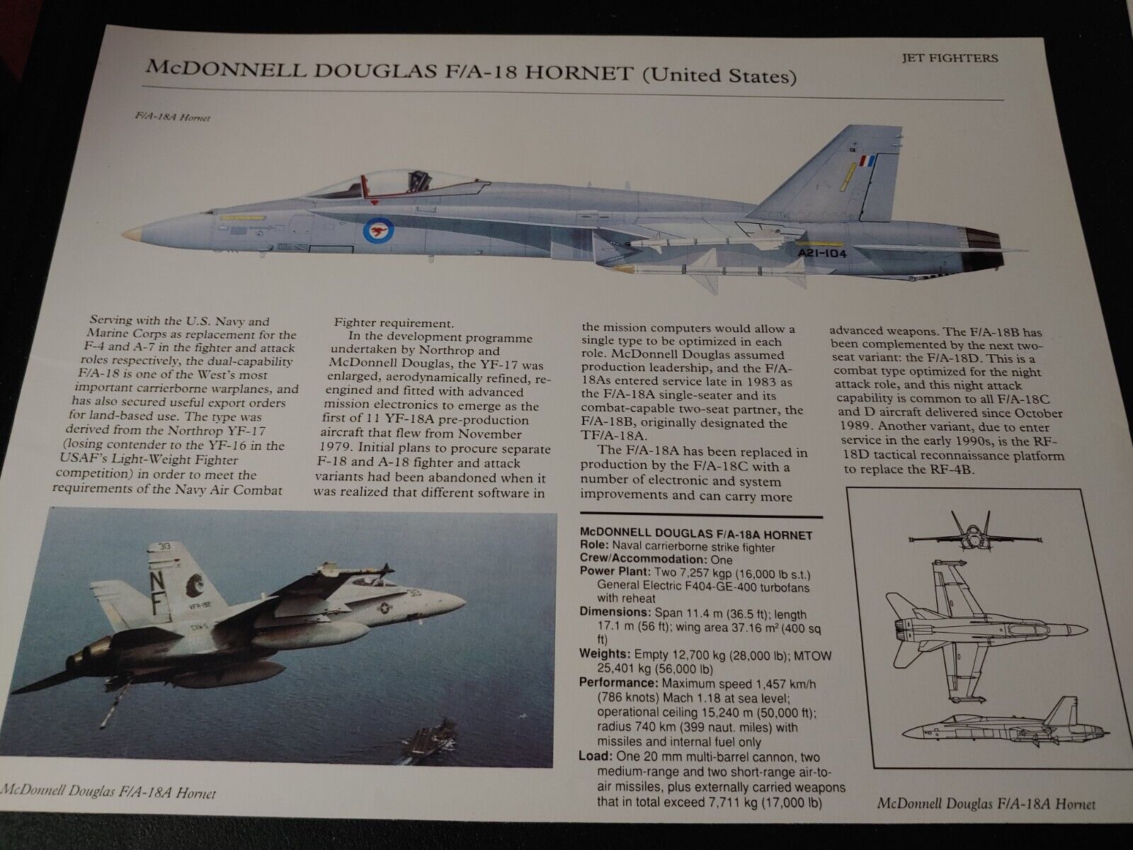 UNIQUE ~ McDonnell Douglas F/A 18 Hornet Aircraft Profile Data Print