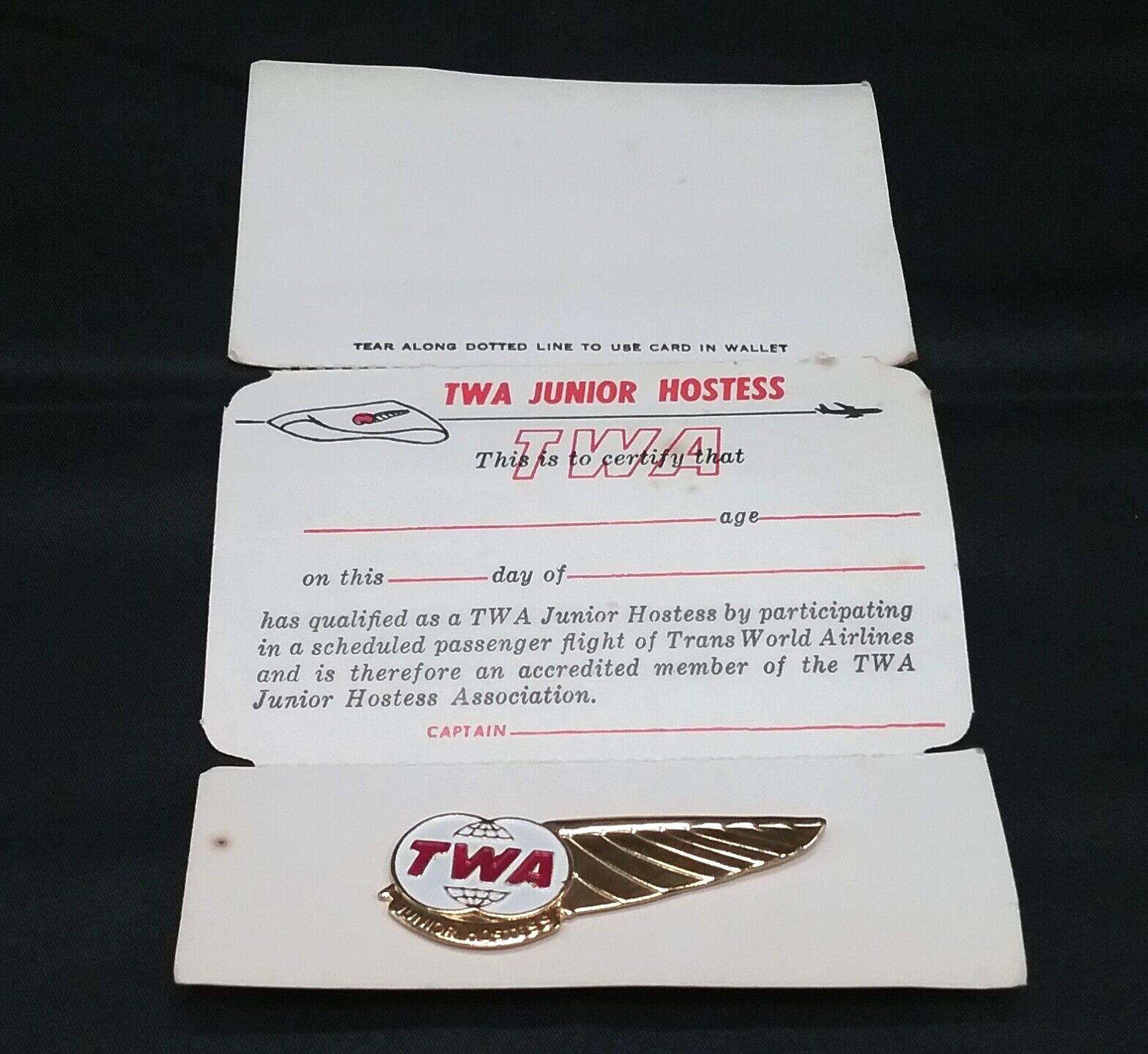 Vintage TWA JUNIOR HOSTESS PIN on Card AIRLINE AVIATION