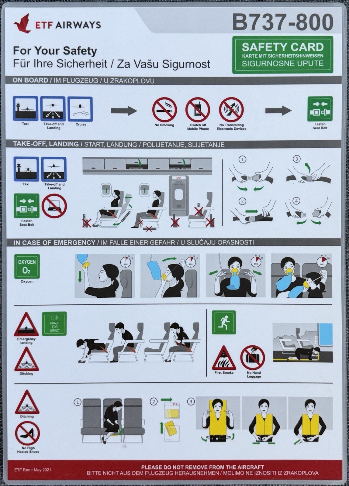 Safety Card ETF Airways Boeing 737-800 Laminated date May 2021 Safety Card ETF Airways Boeing 737-800 Laminated date May 2021