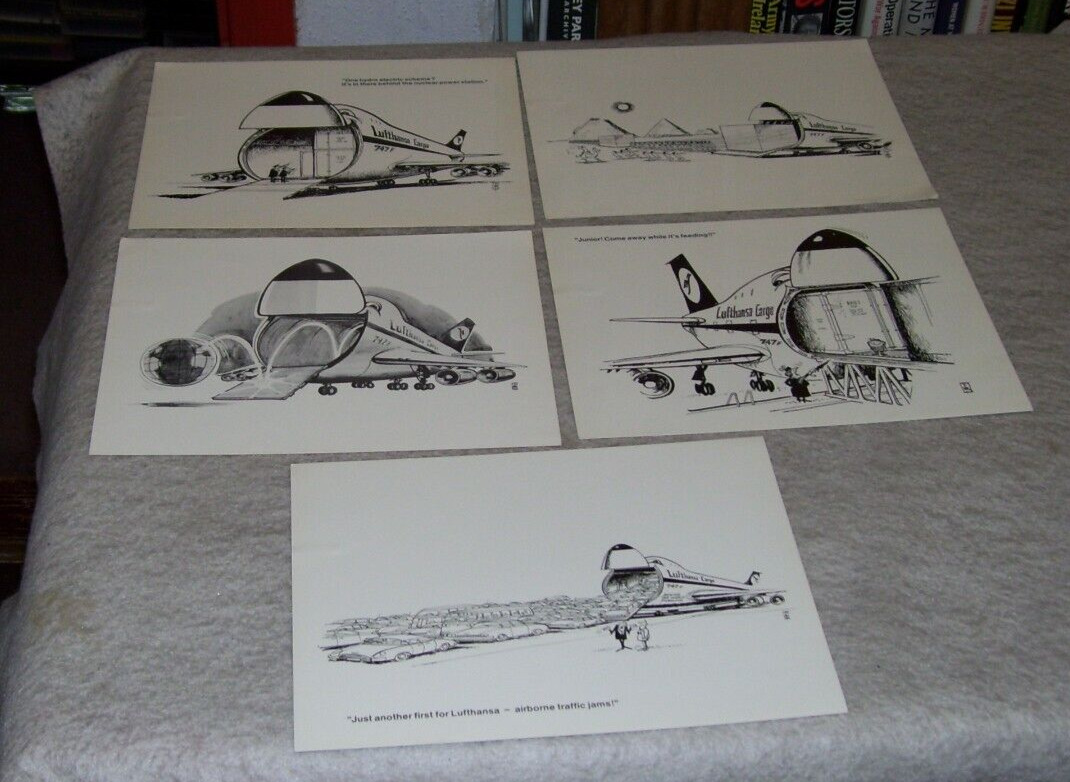 Five LUFTHANSA CARGO BOEING 747F FREIGHTER CARTOON CARDS