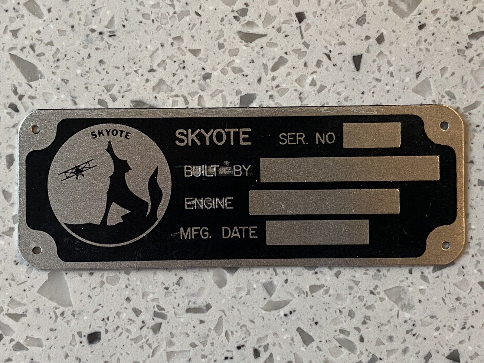 Vintage ORIGINAL Skyote Biplane Airplane ID/Registration Serial Tag/Plate