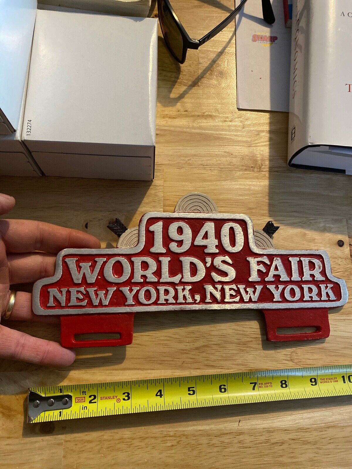 New York World Fair License Plate Frame Topper Solid Metal Patina Auto HOTROD