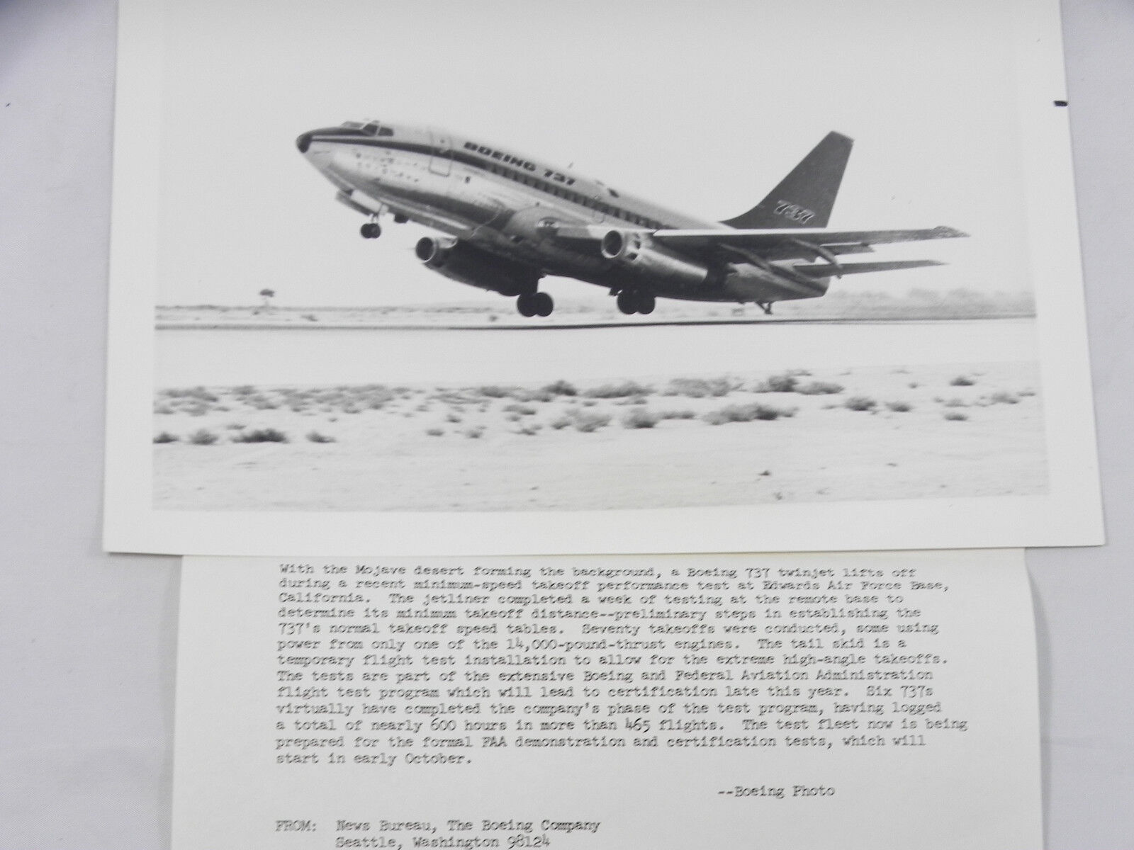 8x10 B&W Print BOEING 737 PHOTO, Test Flight, at Takeoff, Edwards AFB w/ Text