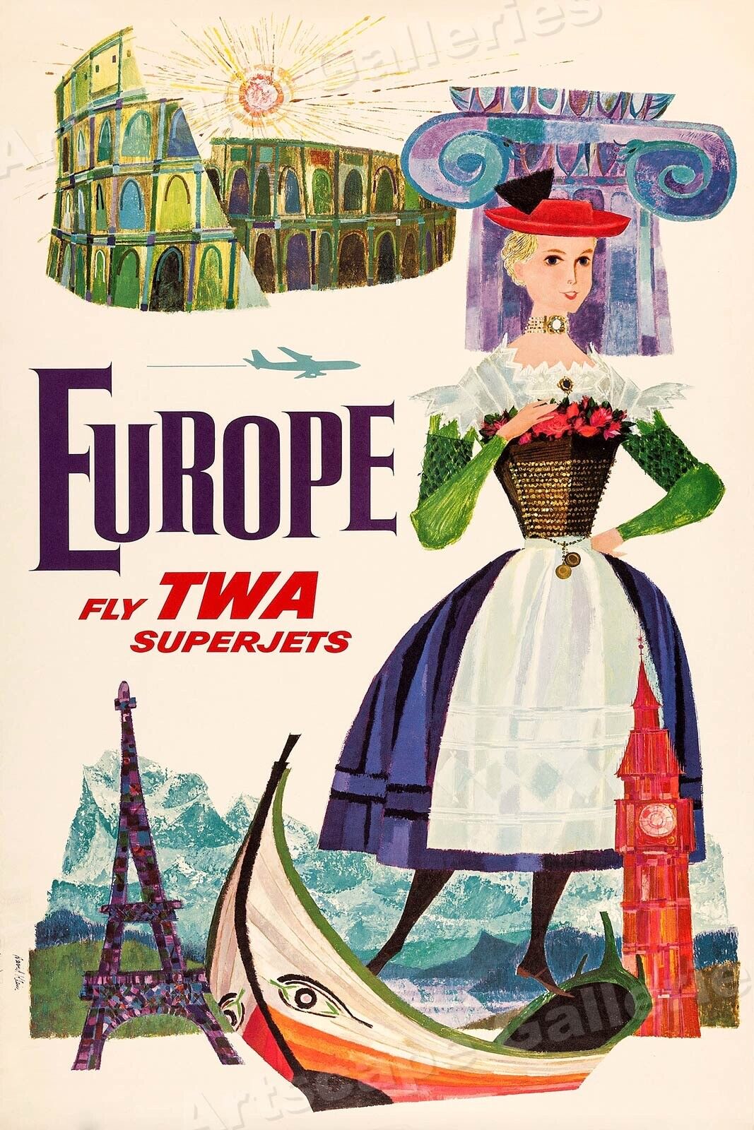 TWA Visit Europe 1960s Vintage Airline Travel Poster - 16x24