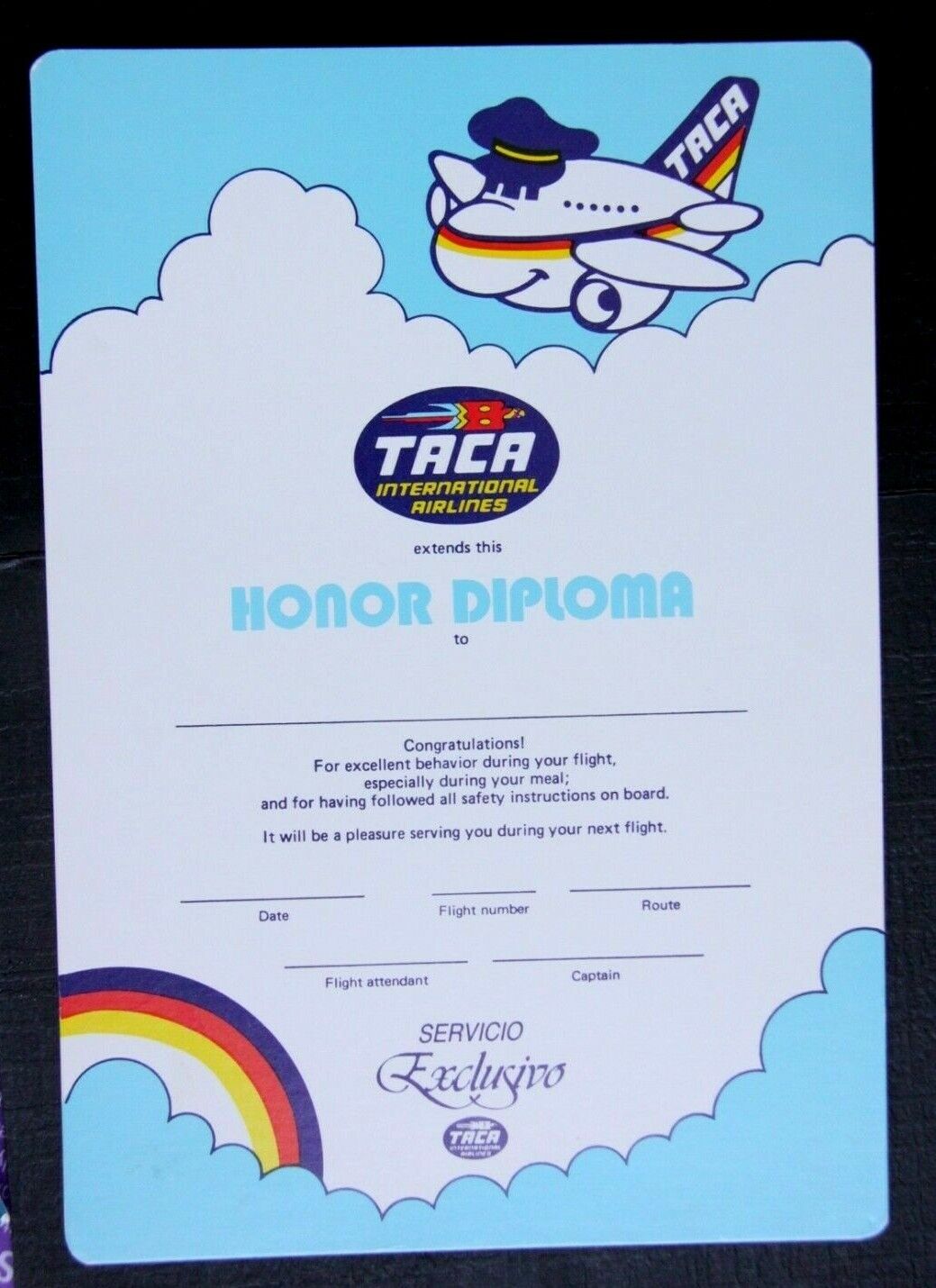 TACA INTERNATIONAL AIRLINES HONOR DIPLOMA (JUNIOR FLYER) CARD
