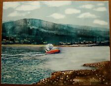 Ukrainian Soviet monotype painting landscape river airboat BAM picture