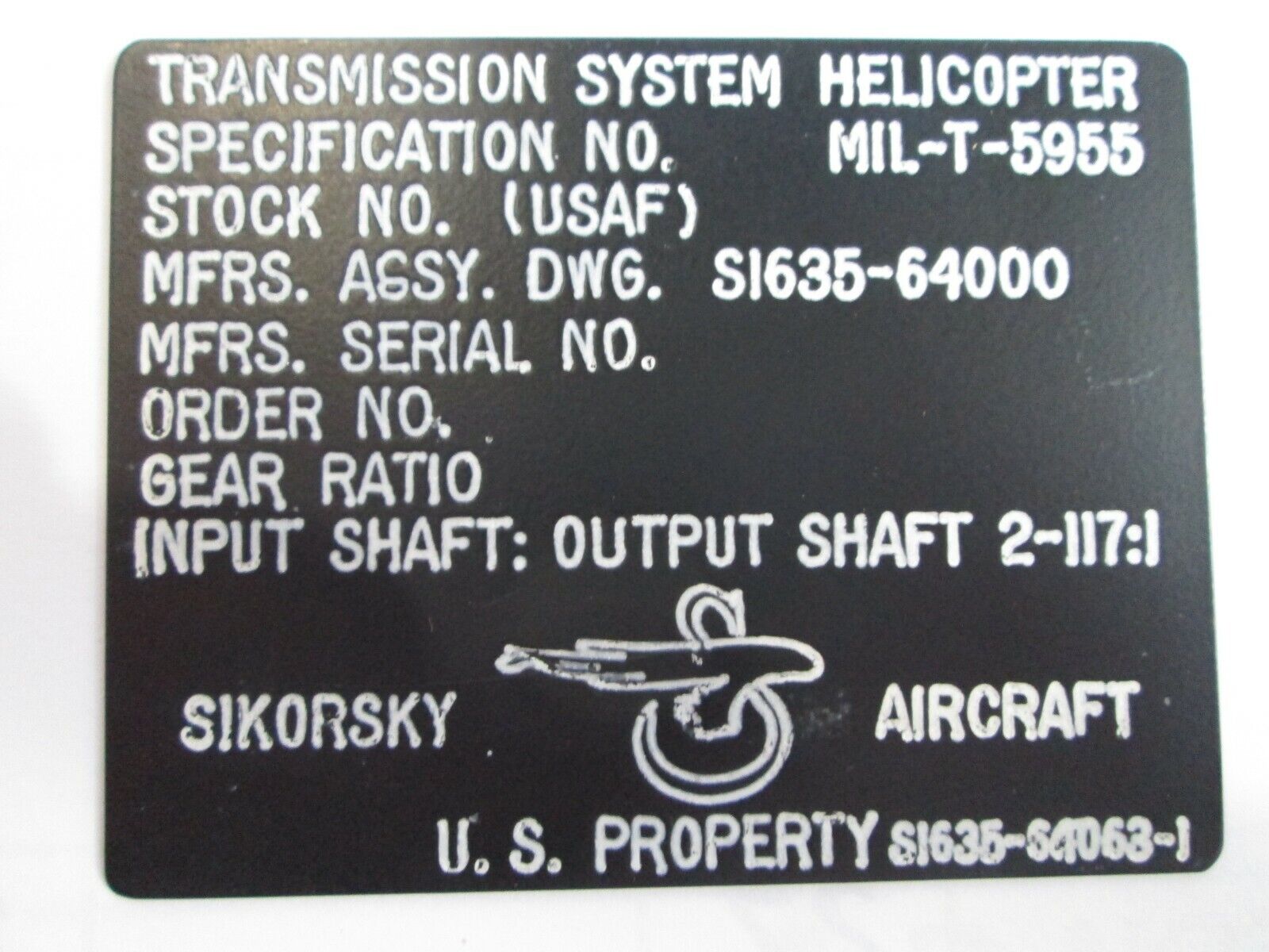 Sikorsky Aircraft Name Plate P/N S1635-64063-1 New