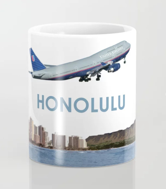 United Airlines Boeing 747 Over Honolulu Art - Coffee Mug (11oz)