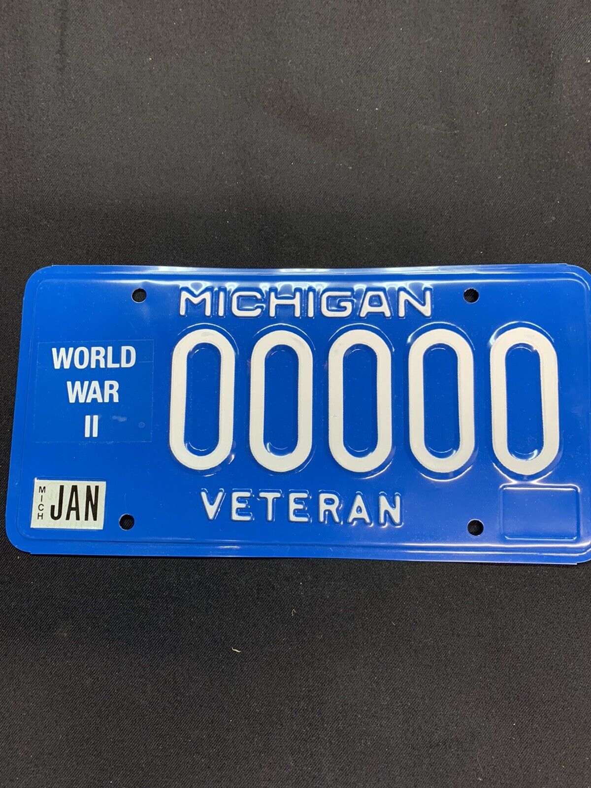 Michigan blue and white- Veteran World War II sample license plate 00000