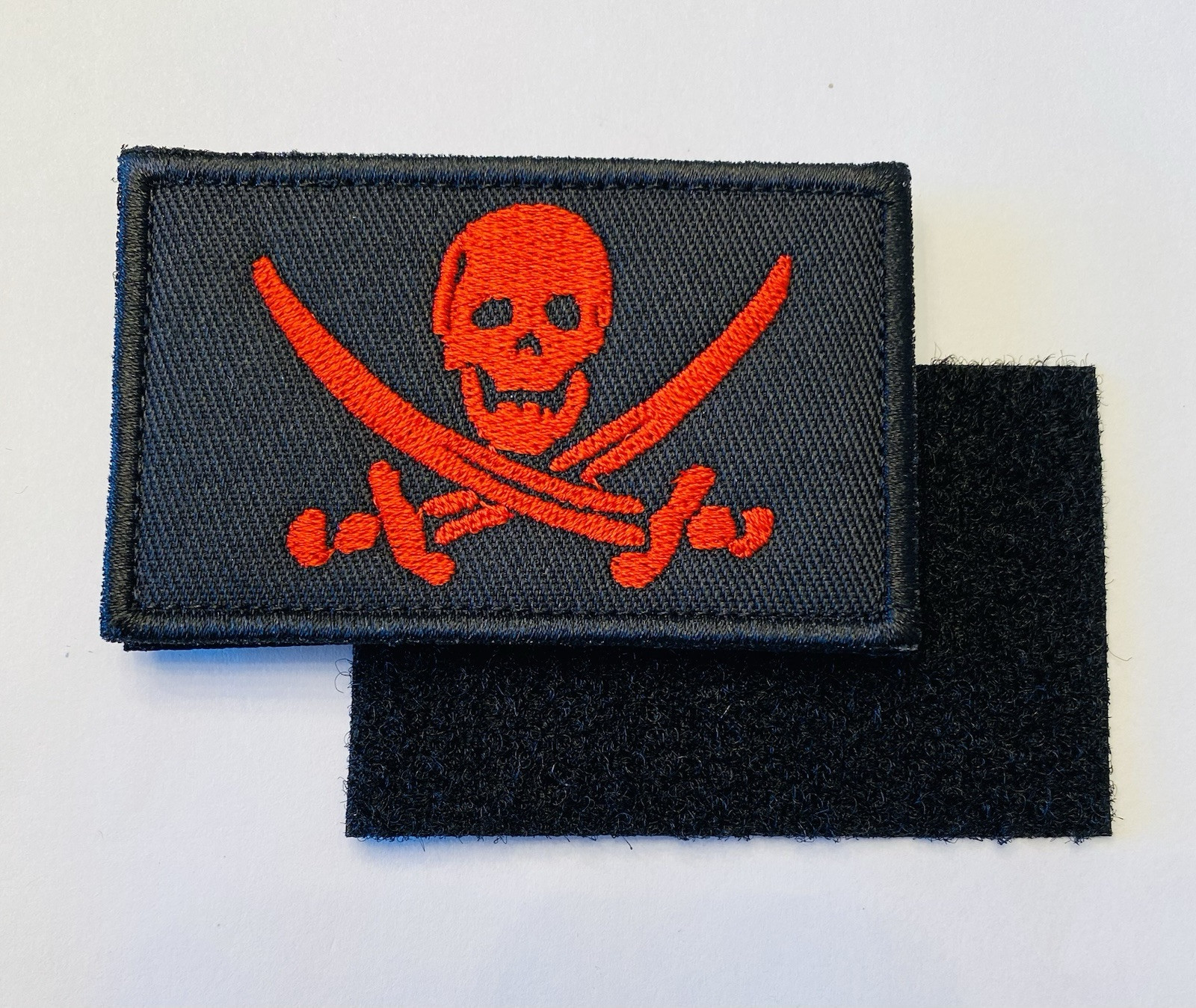 JOLLY ROGER RED PIRATE VIKING SKULL AND SWORDS HOOK & LOOP EMBROIDERED PATCH JOLLY ROGER RED PIRATE VIKING SKULL AND SWORDS HOOK & LOOP EMBROIDERED PATCH