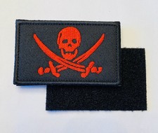 JOLLY ROGER RED PIRATE VIKING SKULL AND SWORDS HOOK & LOOP EMBROIDERED  PATCH picture