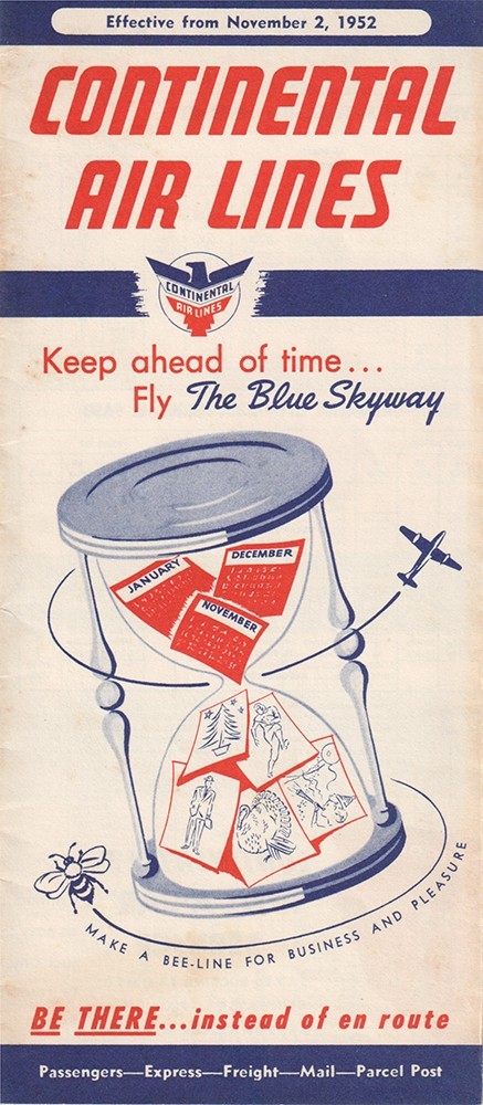 Continental Air Lines timetable 1952/11/02 Continental Air Lines timetable 1952/11/02