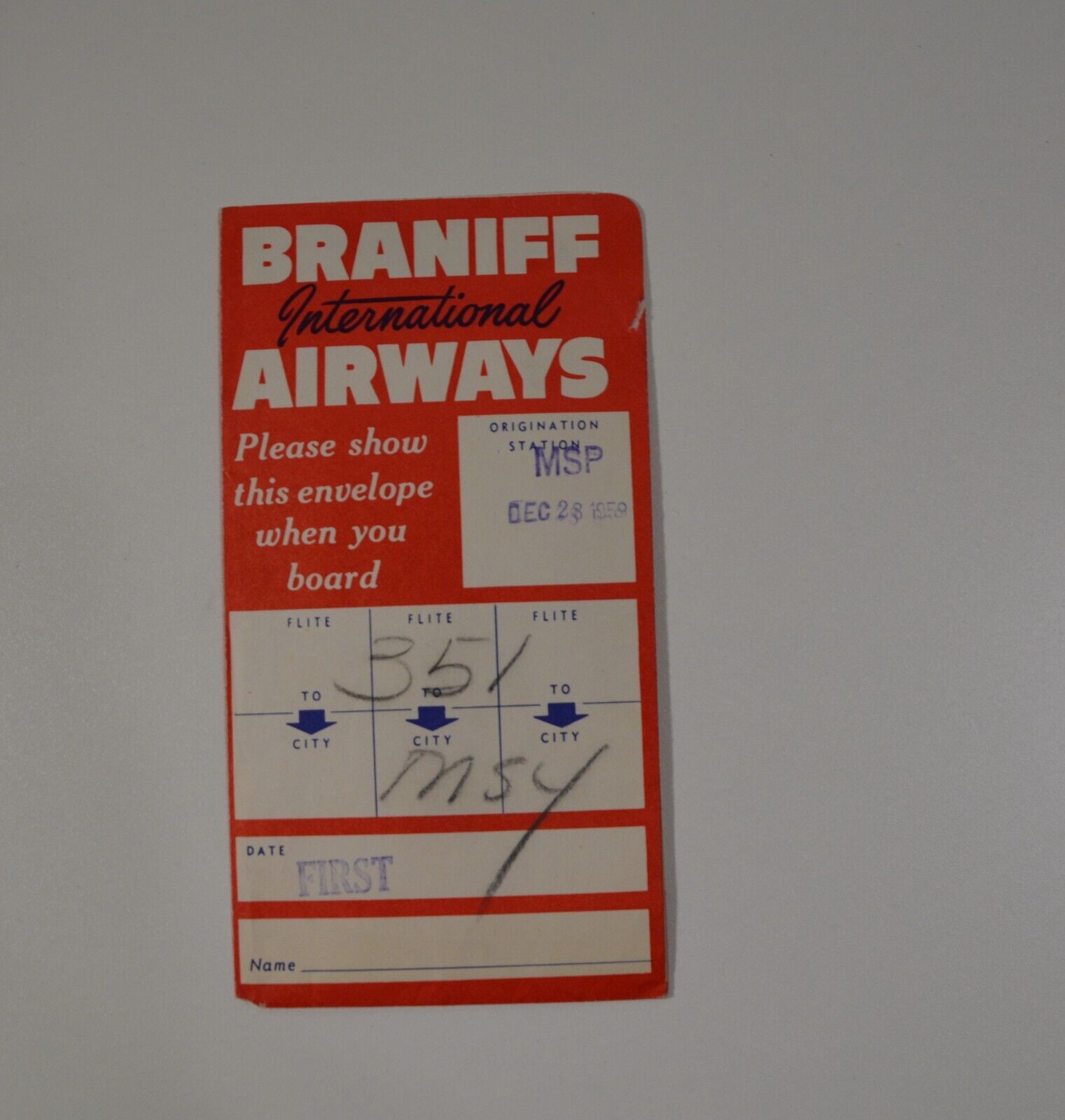 VTG Braniff International Airways Ticket Envelope December 28 1959 New Orleans