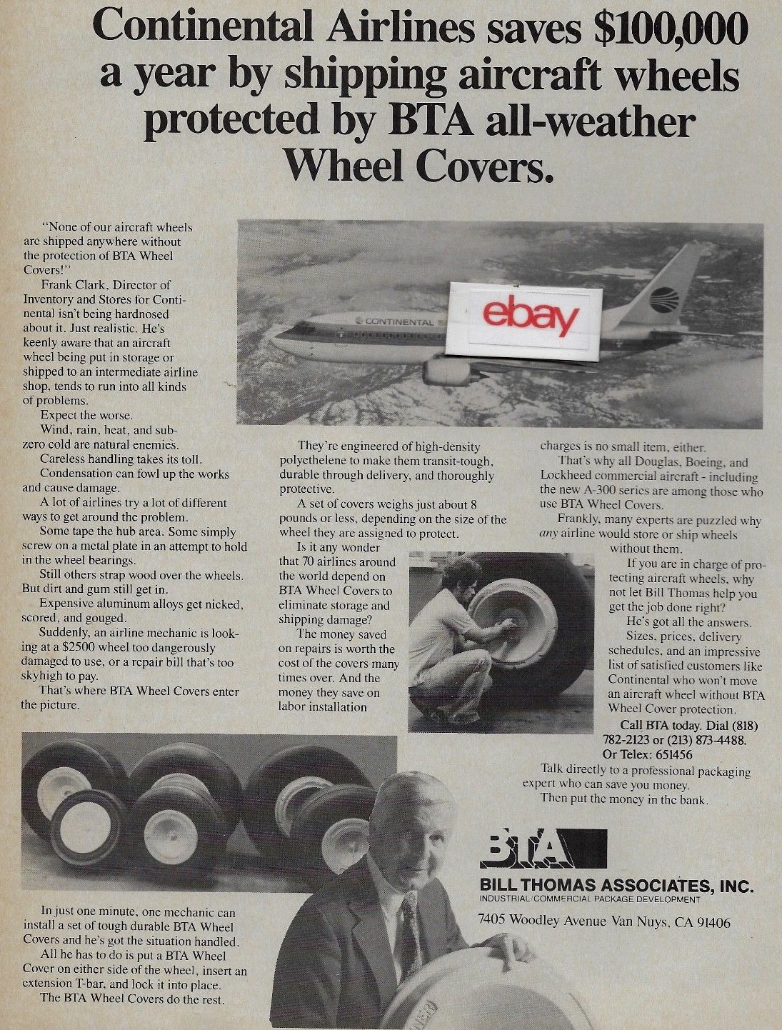 CONTINENTAL AIRLINES 1985 BTA WHEEL COVERS FOR BOEING 737-300 JETS AD