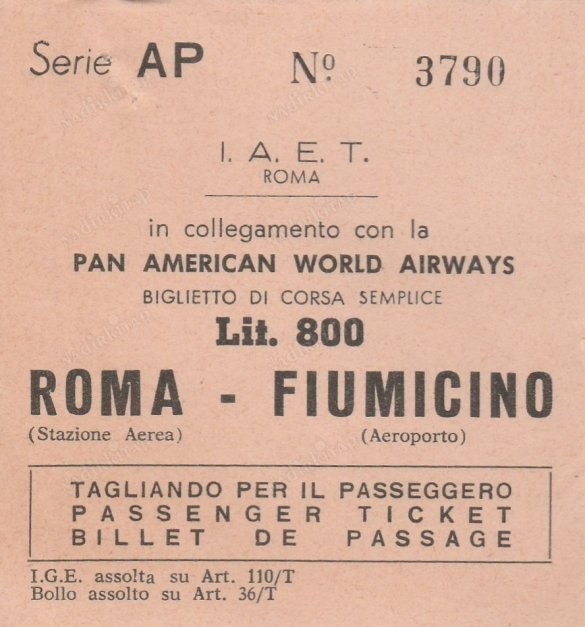 PANAM Airlines PAN American Local Italy Transfer Ticket 1964 Rome Fiumicino PANAM Airlines PAN American Local Italy Transfer Ticket 1964 Rome Fiumicino