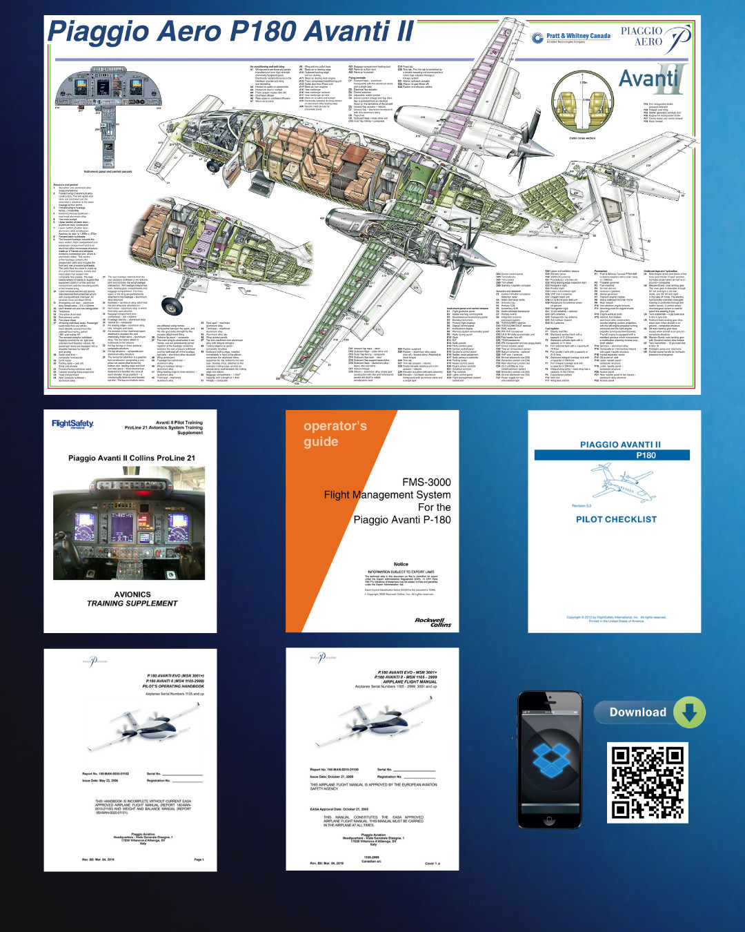 Piaggio Aero P180 Avanti  pilot study manuals + Cutaway Poster 12in x 18in